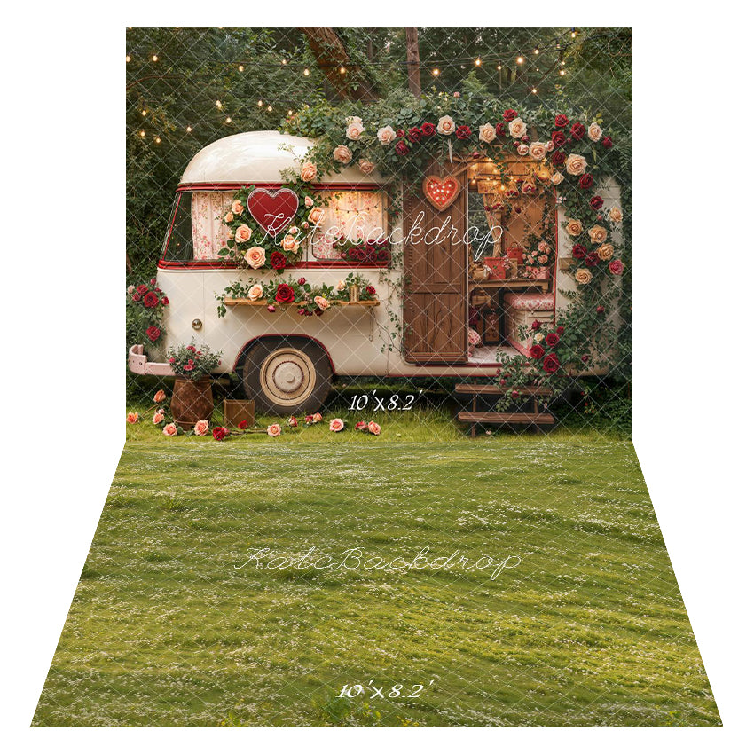 Kate Valentine's Day Vintage Camper Floral Heart Garland String Lights Backdrop+Spring Green Meadow White Flowers Floor Backdrop