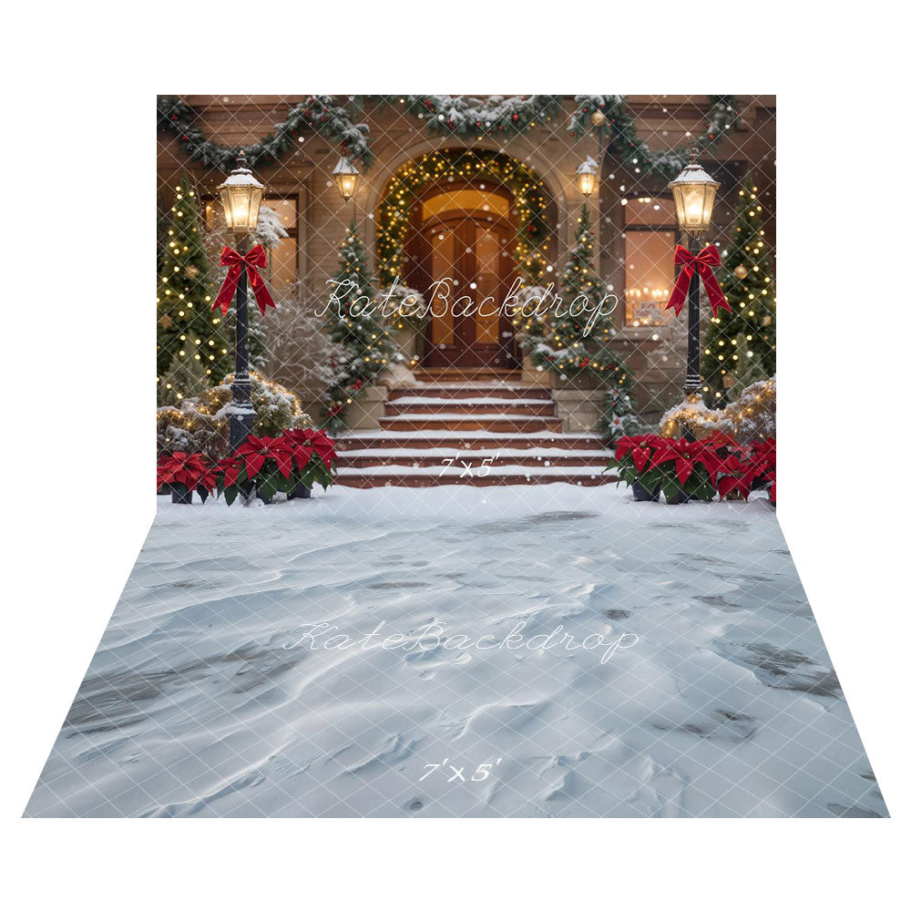 Kate Christmas Snowy Porch Garland Red Bows Lamppost Backdrop+Winter Snowy Ground Texture Floor Backdrop