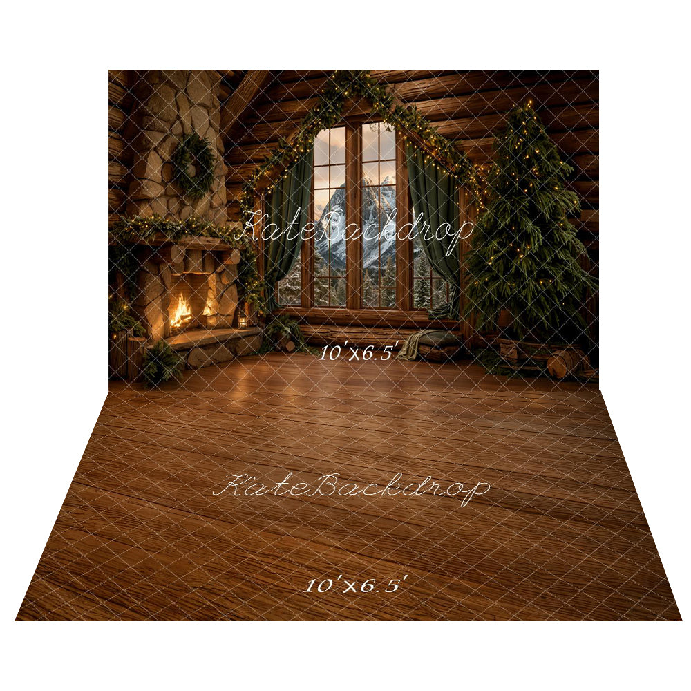 Kate Christmas Rustic Cabin Fireplace Tree Window Backdrop+Brown Wood Floor Backdrop