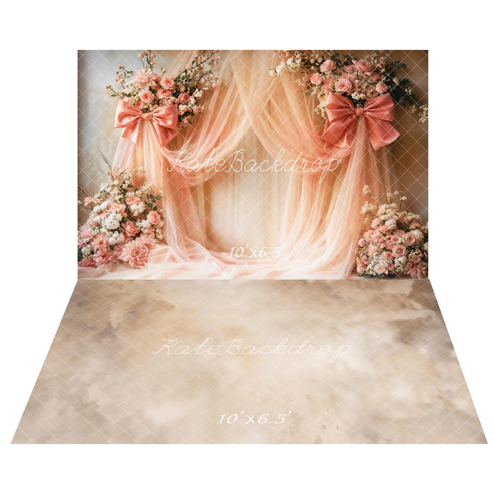 Kate Spring Romantic Pink Flower Arch Bows Drapes Backdrop+Beige Abstract Texture Floor Backdrop