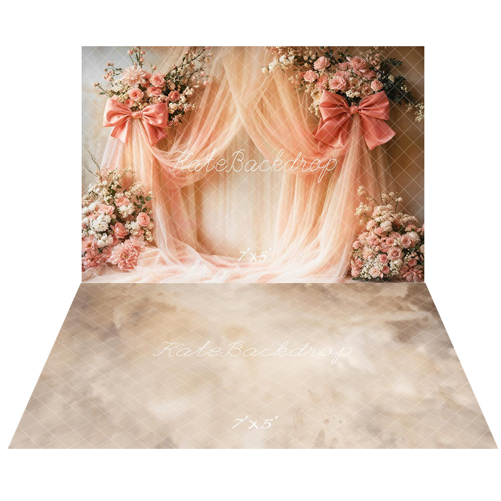 Kate Spring Romantic Pink Flower Arch Bows Drapes Backdrop+Beige Abstract Texture Floor Backdrop