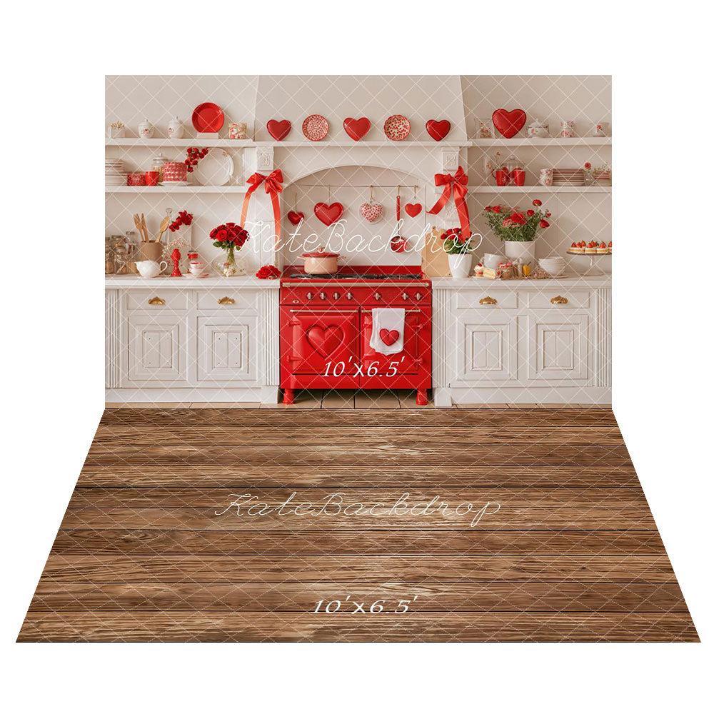 Kate Valentine's Day Kitchen Red Hearts Roses Backdrop+Brown Wooden Plank Floor Backdrop