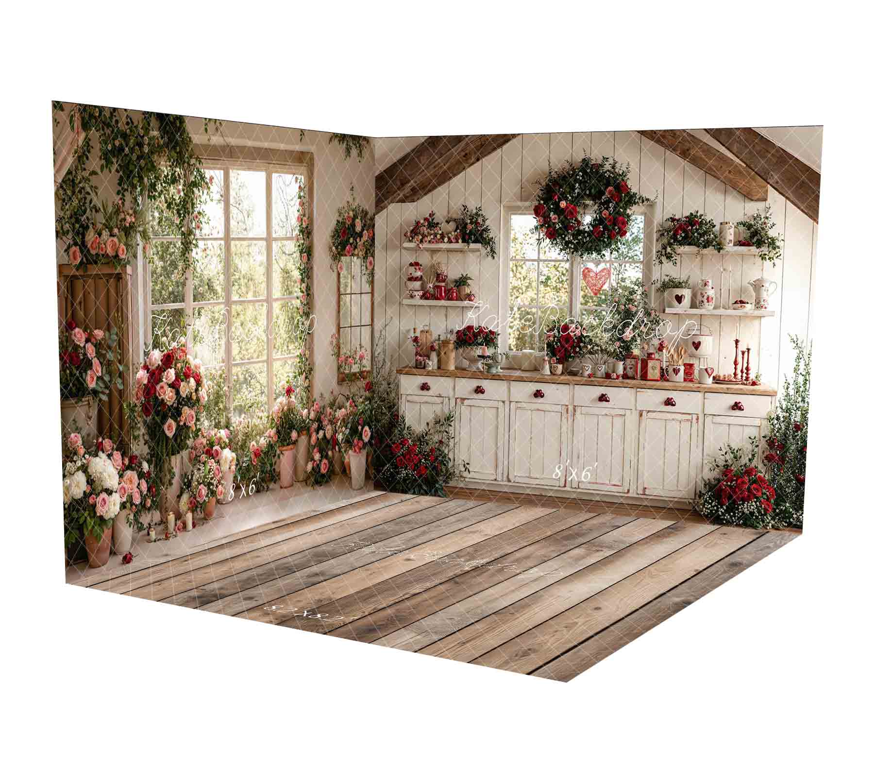 Kate Valentine's Day Rustic White Kitchen Red Roses Window Room Set