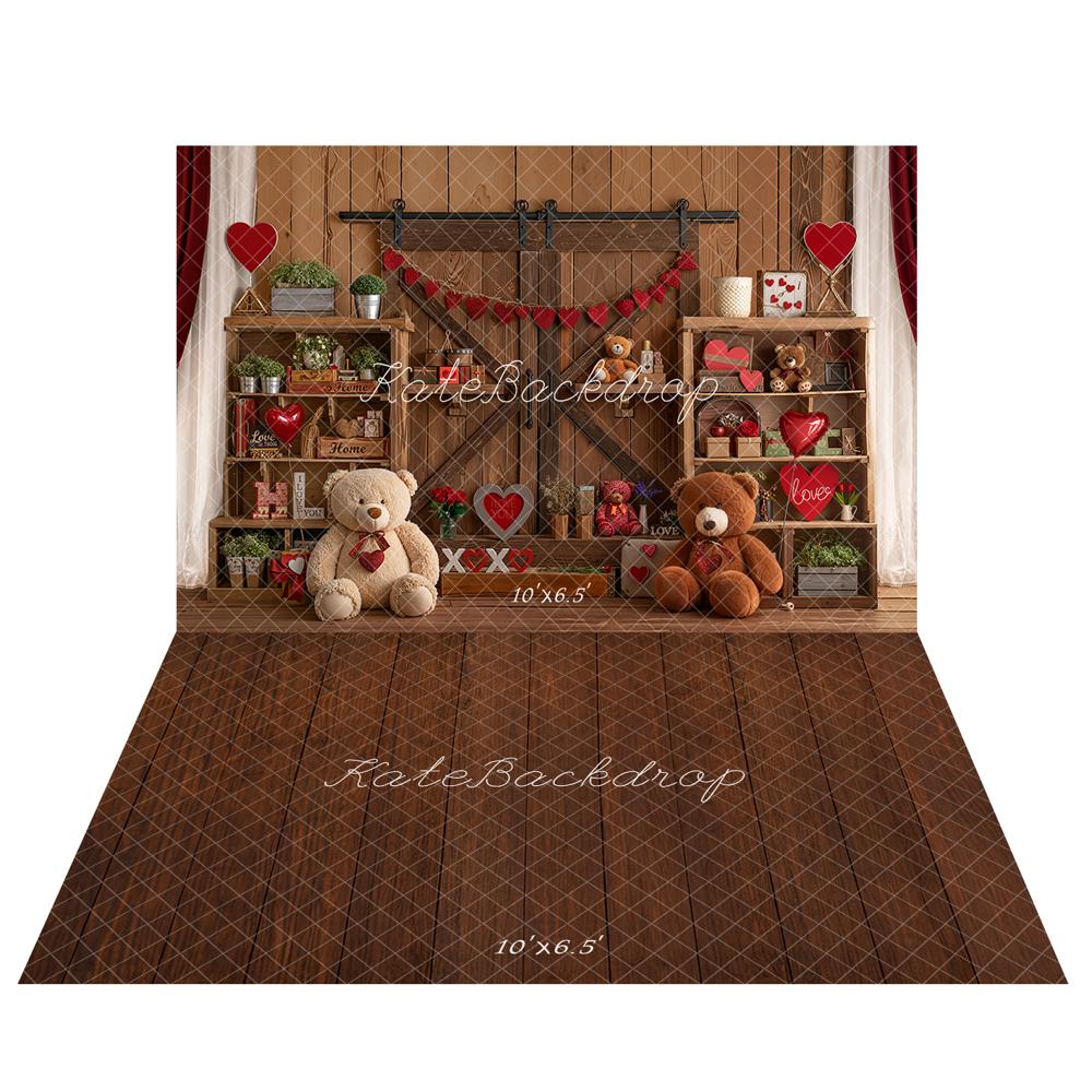 Kate Valentine's Day Teddy Bears Wooden Shelves Red Hearts Backdrop + Dark Brown Wooden Floor Backdrop