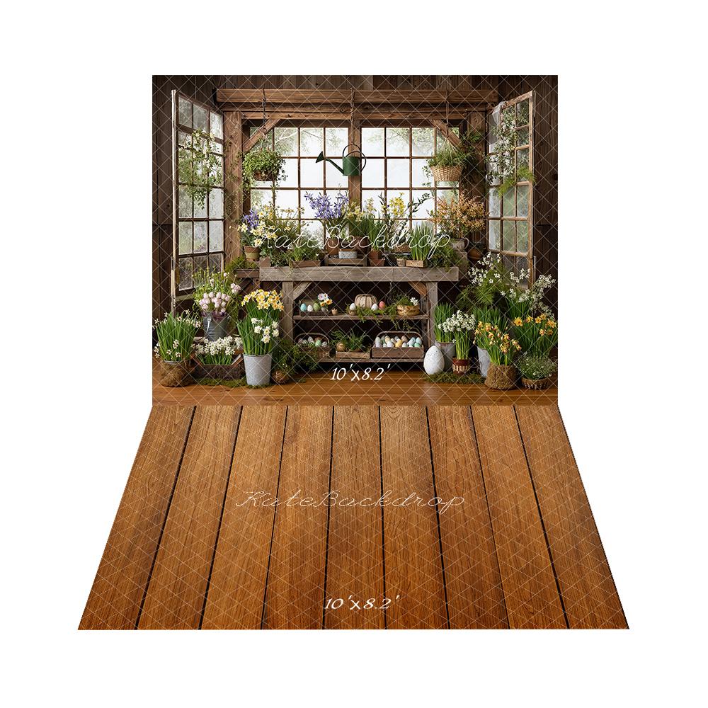 Kate Easter Bunny Floral Eggs Rustic Greenhouse Backdrop + Brown Wooden Plank Rustic Floor Backdrop