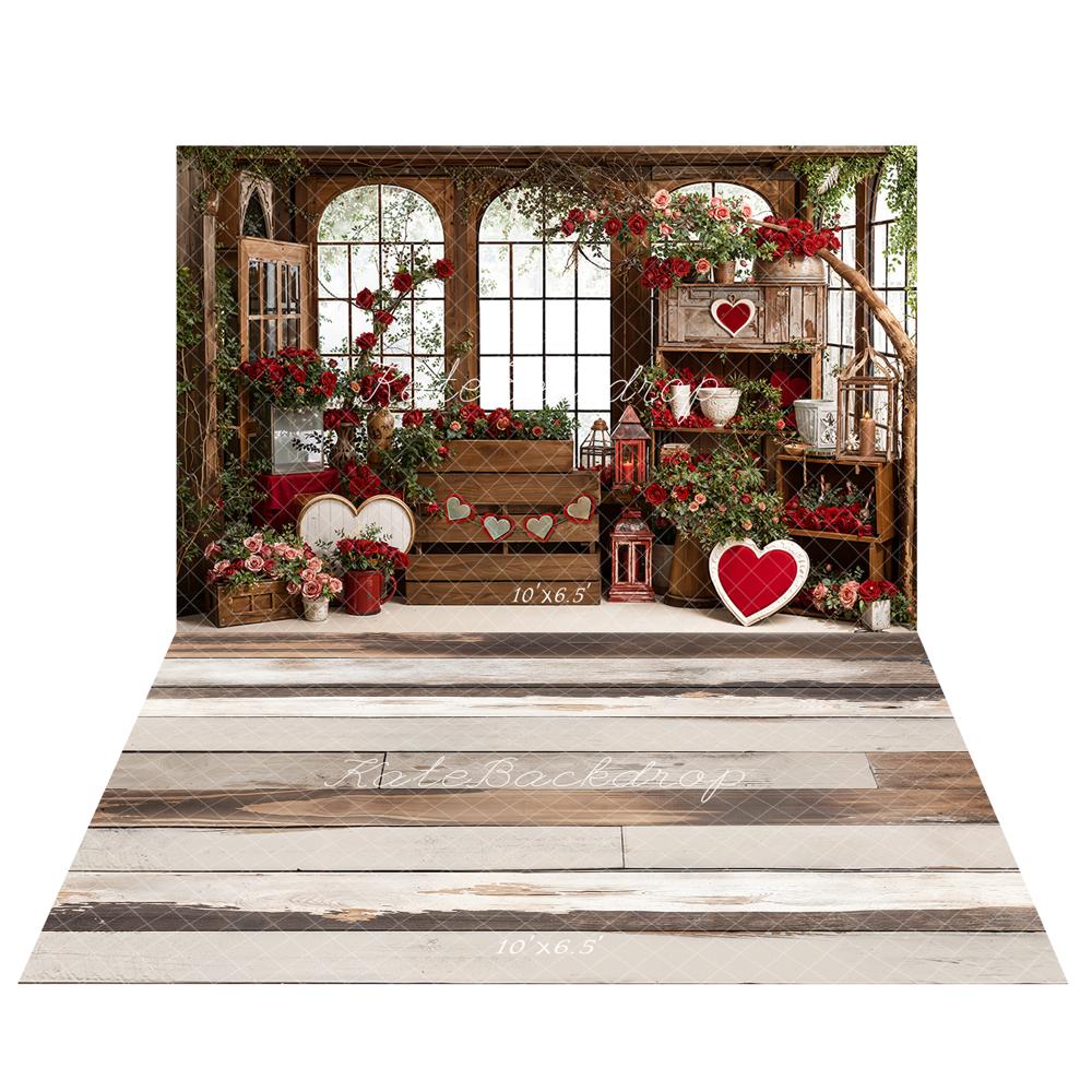TEST Kate Valentine's Day Red Roses Heart Wooden Window Crate Backdrop+Light Brown White Retro Wood Floor Backdrop