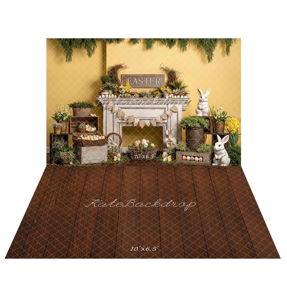 Kate Easter Bunny Fireplace Eggs Yellow Flowers Backdrop + Dark Brown Wooden Floor Backdrop