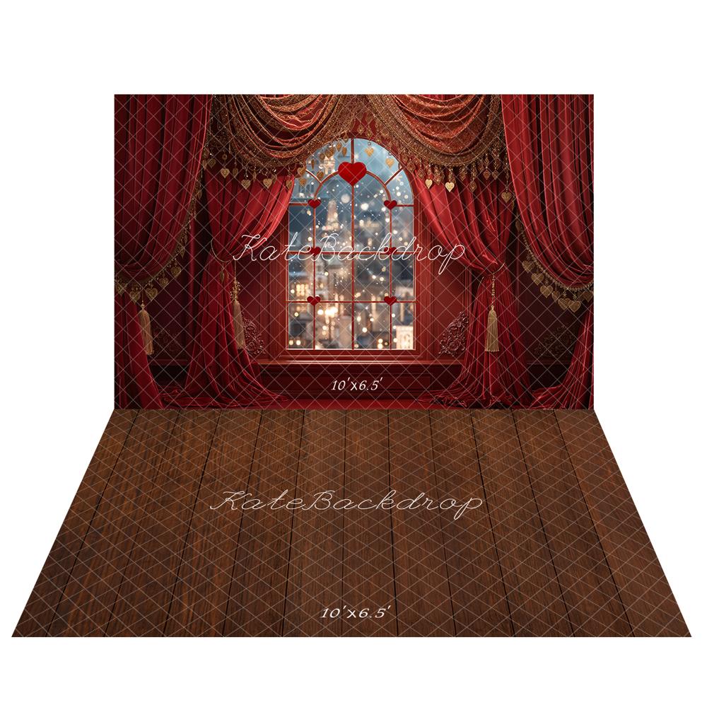 Kate Valentine's Day Red Heart Window Curtains Backdrop + Dark Brown Wooden Floor Backdrop