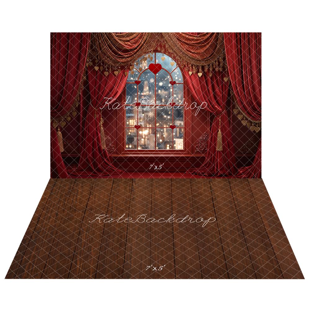 TEST Kate Valentine's Day Red Heart Window Curtains Backdrop + Dark Brown Wooden Floor Backdrop