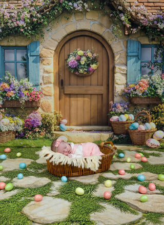 Kate Easter Bunny Floral Cottage Door Printed Backdrop Designed by Emetselch