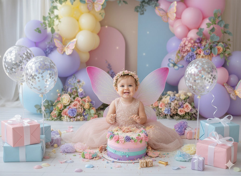 Kate Cake Smash Balloon Arch Pastel Butterfly Flowers Printed Backdrop Designed by Emetselch