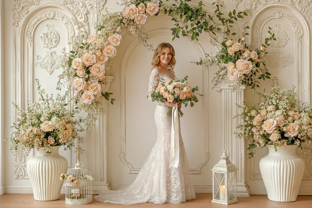 Kate Spring Flower Arch Cream Ornate Wall Backdrop Designed by Emetselch