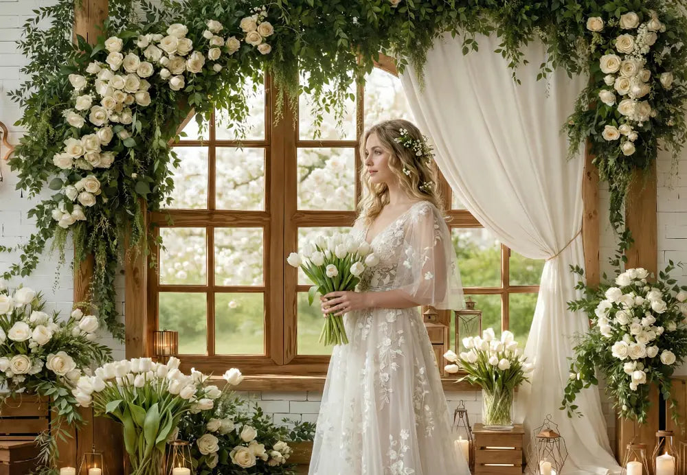 Kate Spring Flower Arch Window Lanterns White Roses Backdrop Designed by Emetselch