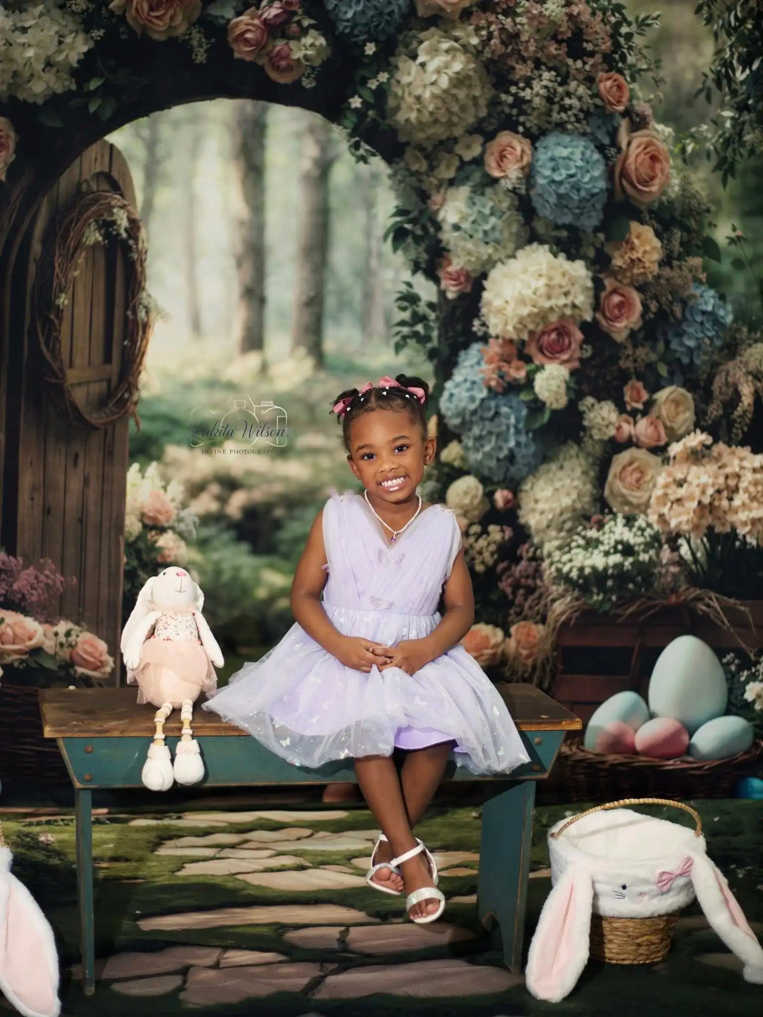 Kate Easter Bunny Flower Arch Pastel Eggs Forest Printed Backdrop+Stone Pathway Mossy Green Garden Floor Printed Backdrop