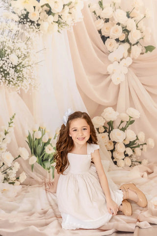 Kate Wedding Cream Drapes White Flowers Printed Backdrop Designed by Mini MakeBelieve