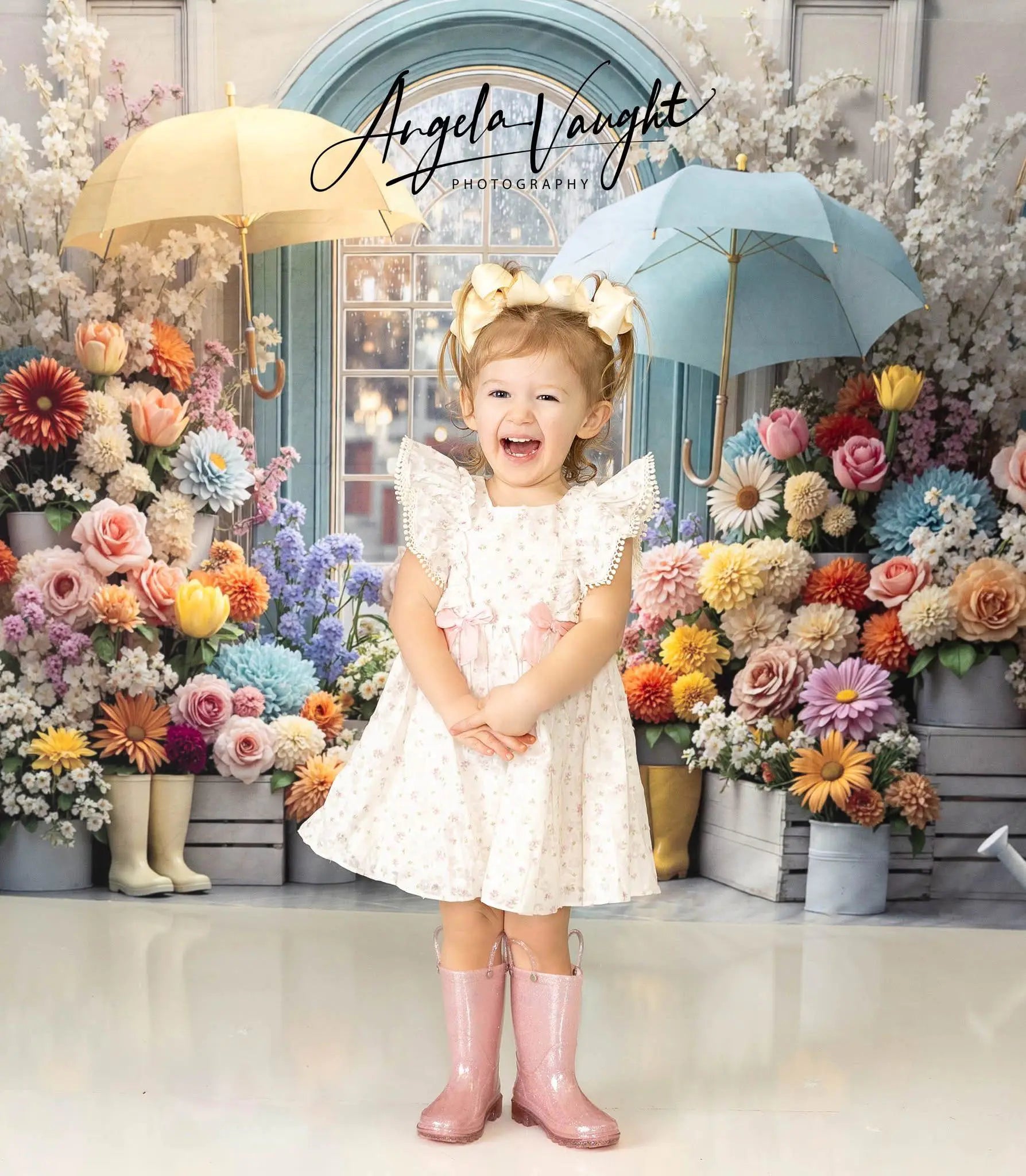 Kate Spring Flower Garden Umbrella Window Boots Backdrop Designed by Mini MakeBelieve