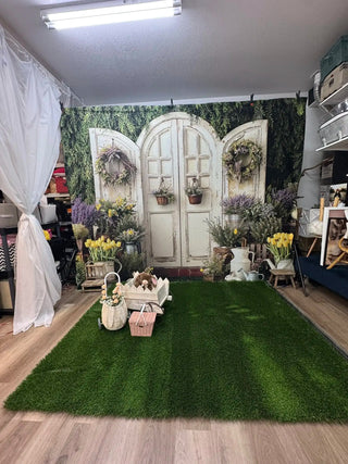 Kate Spring Flower Garden Rustic Door Wreaths Bunnies Printed Backdrop Designed by Emetselch