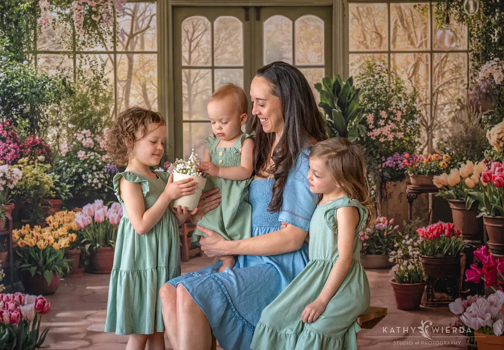 Kate Spring Greenhouse Flower Pots and Stone Floor Printed Backdrop Designed by Emetselch