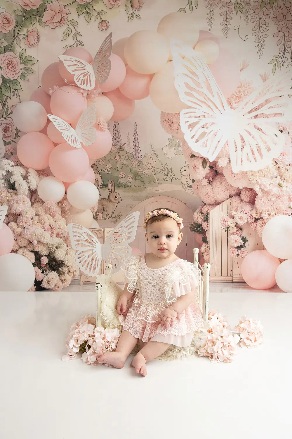 Kate Cake Smash Flower Arch Pink Balloons Roses Butterflies Printed Backdrop Designed by Emetselch