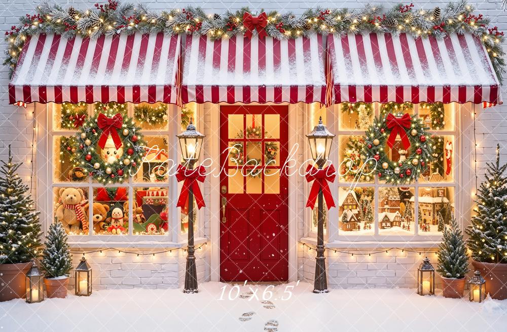 Kate Christmas Holiday Shop Front Red Awning Wreaths Snow Backdrop Designed by Emetselch