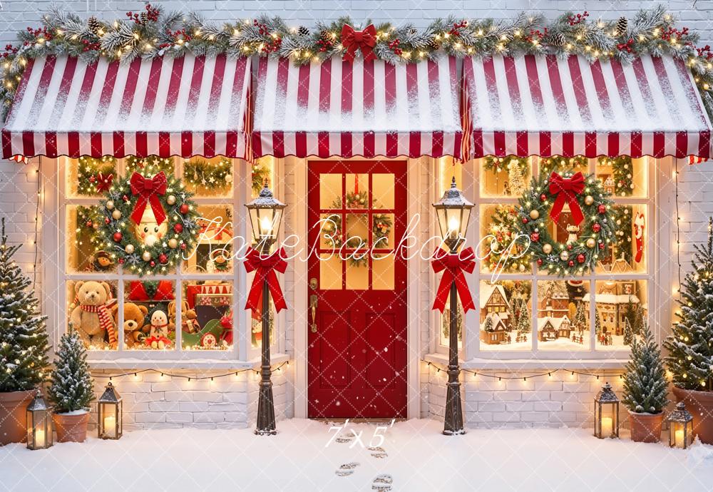 Kate Christmas Holiday Shop Front Red Awning Wreaths Snow Backdrop Designed by Emetselch