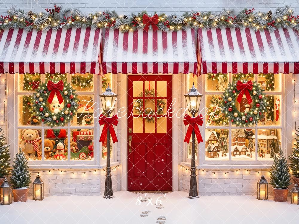 Kate Christmas Holiday Shop Front Red Awning Wreaths Snow Backdrop Designed by Emetselch