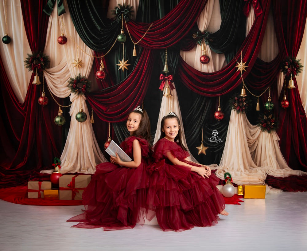 Kate Christmas Red Green Draped Curtains Ornaments Printed Backdrop Designed by Emetselch