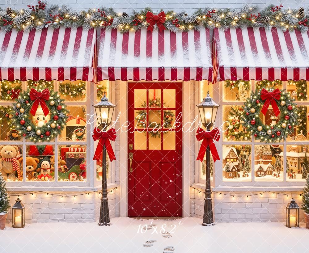 Kate Christmas Holiday Shop Front Red Awning Wreaths Snow Backdrop Designed by Emetselch