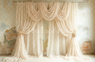 Kate Elegant Beige Draped Curtains Vintage Wall Printed Backdrop Designed by Emetselch
