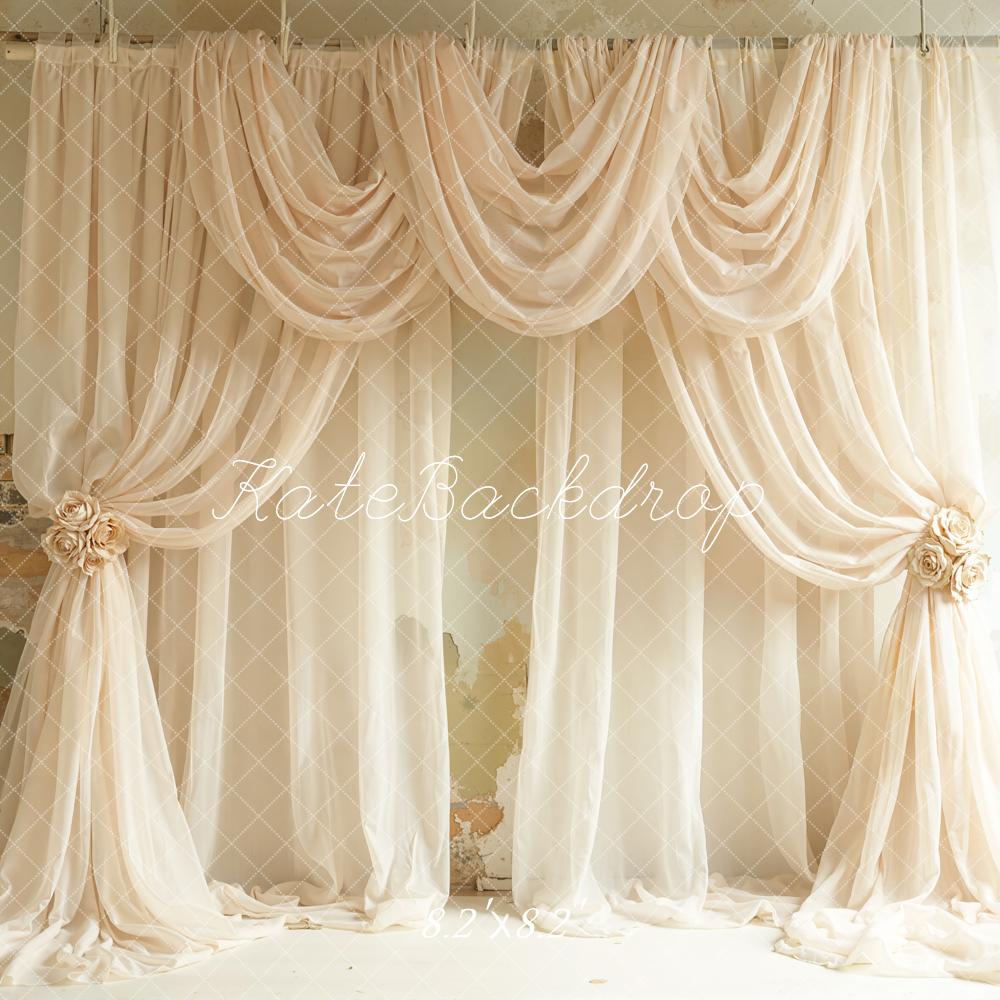 Kate Elegant Beige Draped Curtains Vintage Wall Printed Backdrop Designed by Emetselch