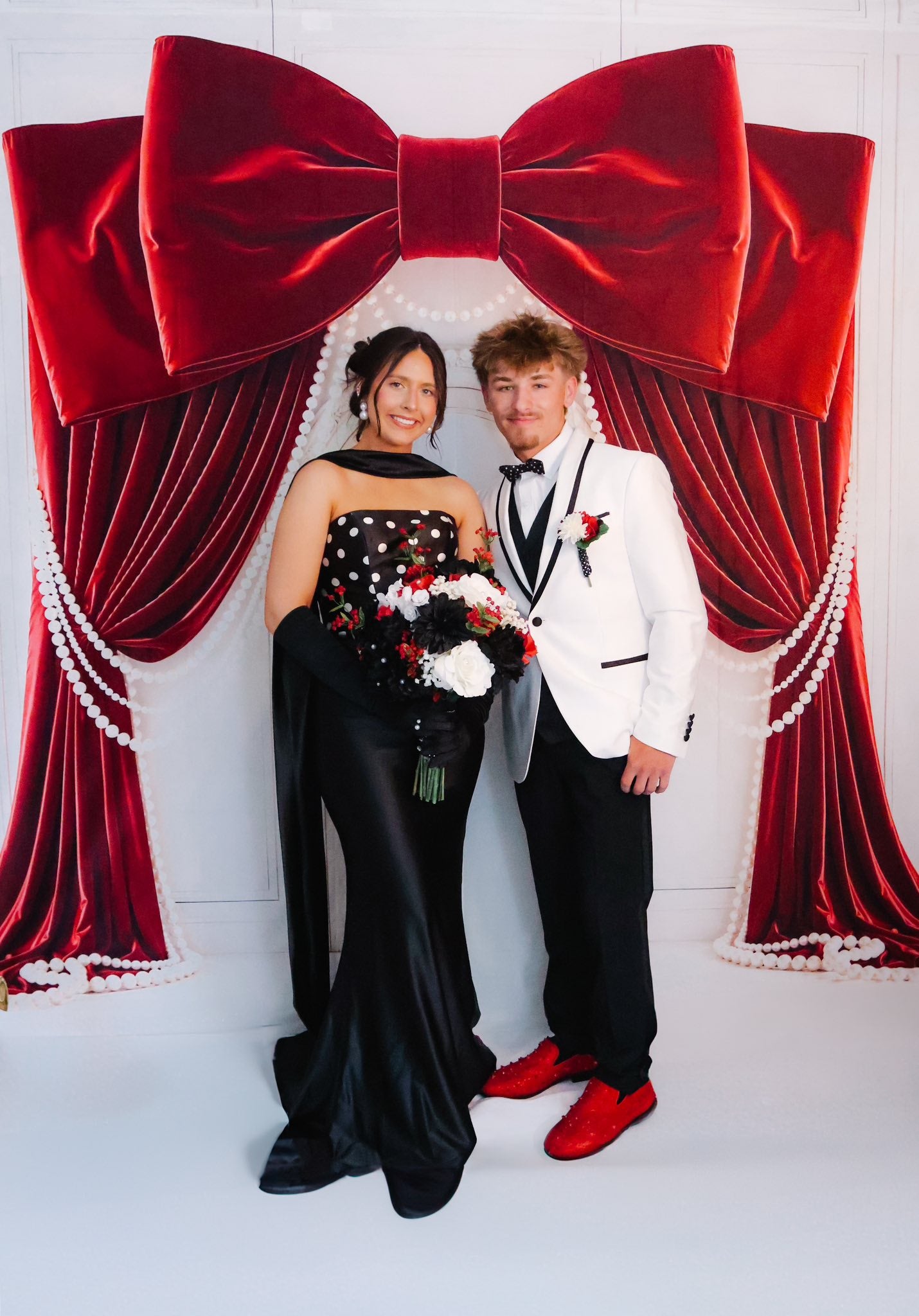 Kate Red Bow Drapes Pearls Arch Wall Printed Backdrop Designed by Emetselch