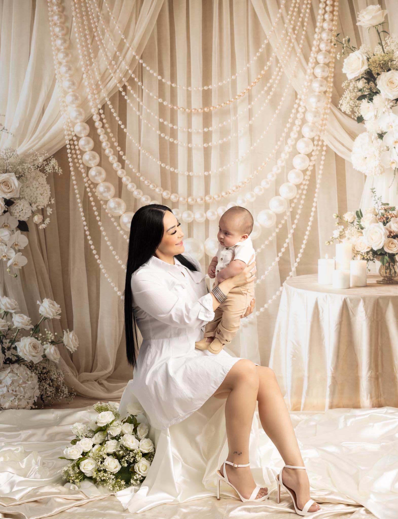Kate Mother's Day Pearl Garland Floral Elegant Wedding Printed Backdrop Designed by Emetselch