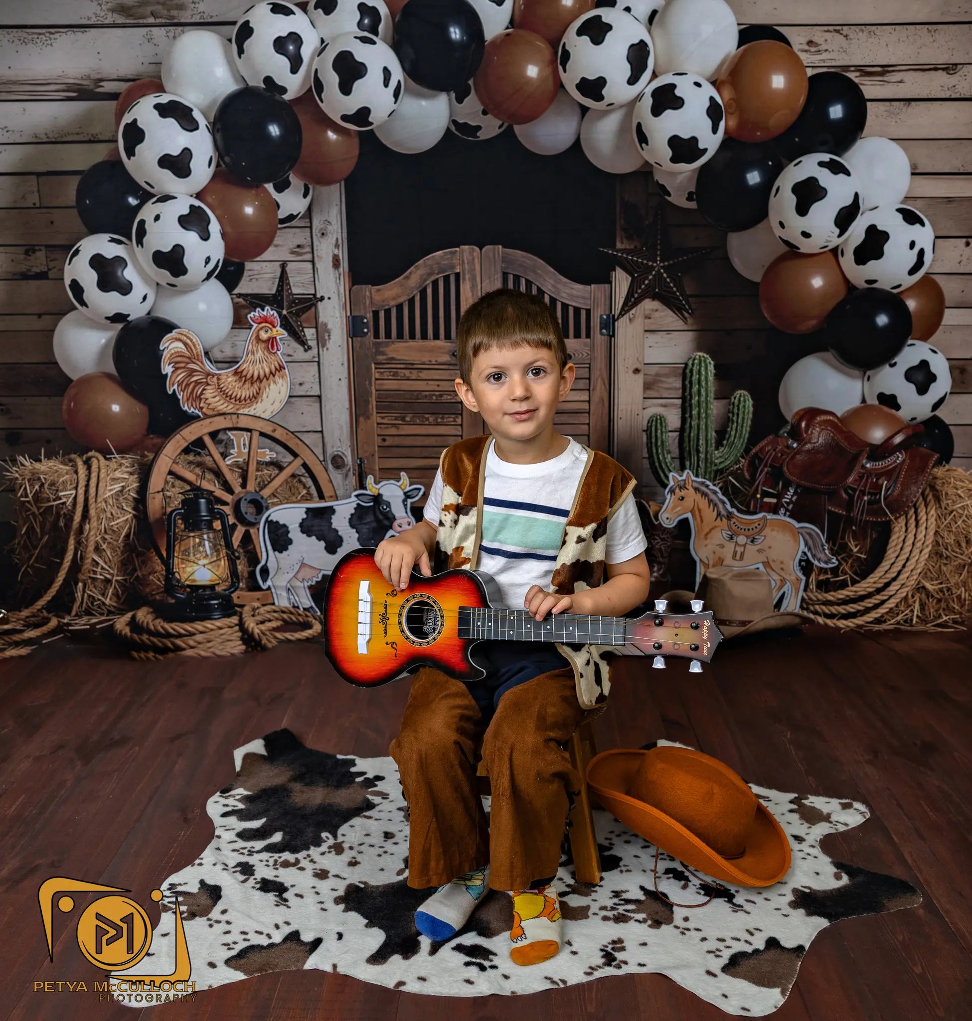 Kate Cake Smash Western Saloon Barn Cow Print Balloon Arch Farm Animals Printed Backdrop Designed by Emetselch