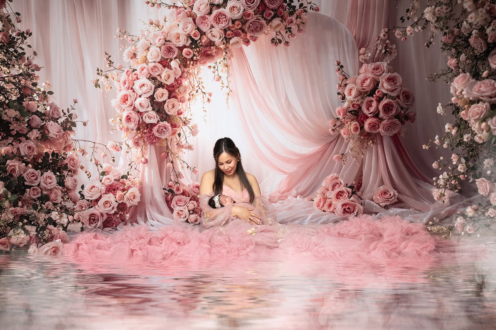 Kate Mother's Day Flower Arch Pink Roses Draped Curtains Printed Backdrop Designed by Emetselch