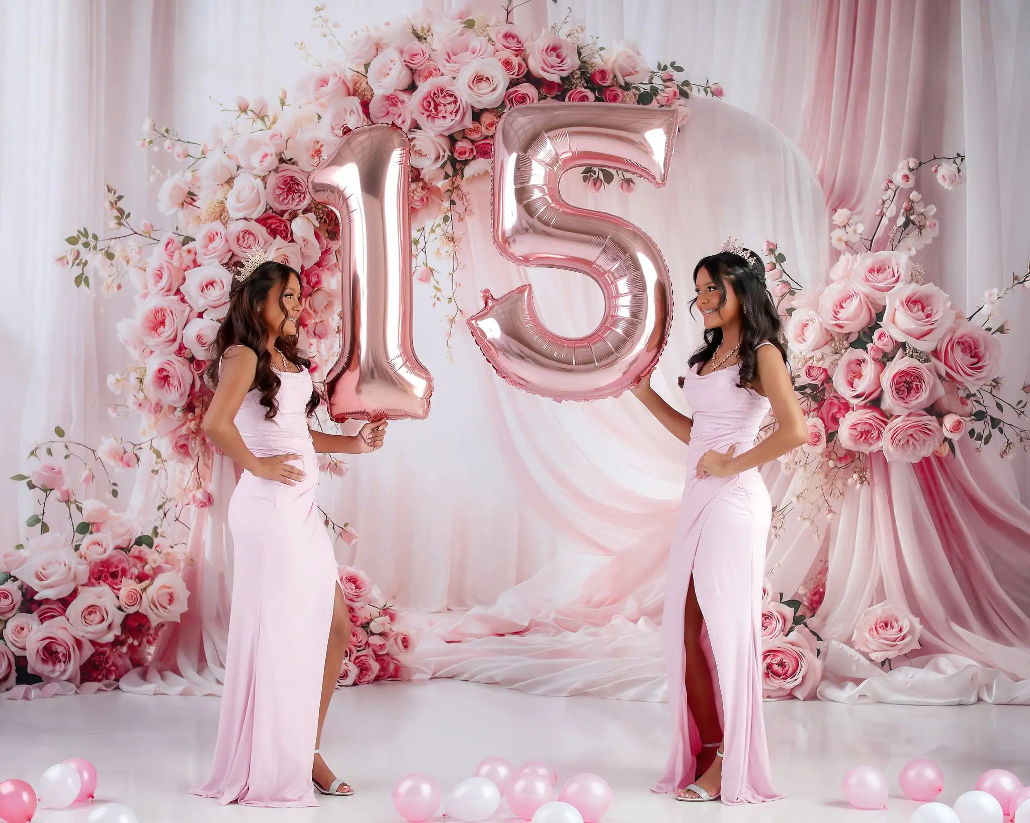 Kate Mother's Day Flower Arch Pink Roses Draped Curtains Printed Backdrop Designed by Emetselch