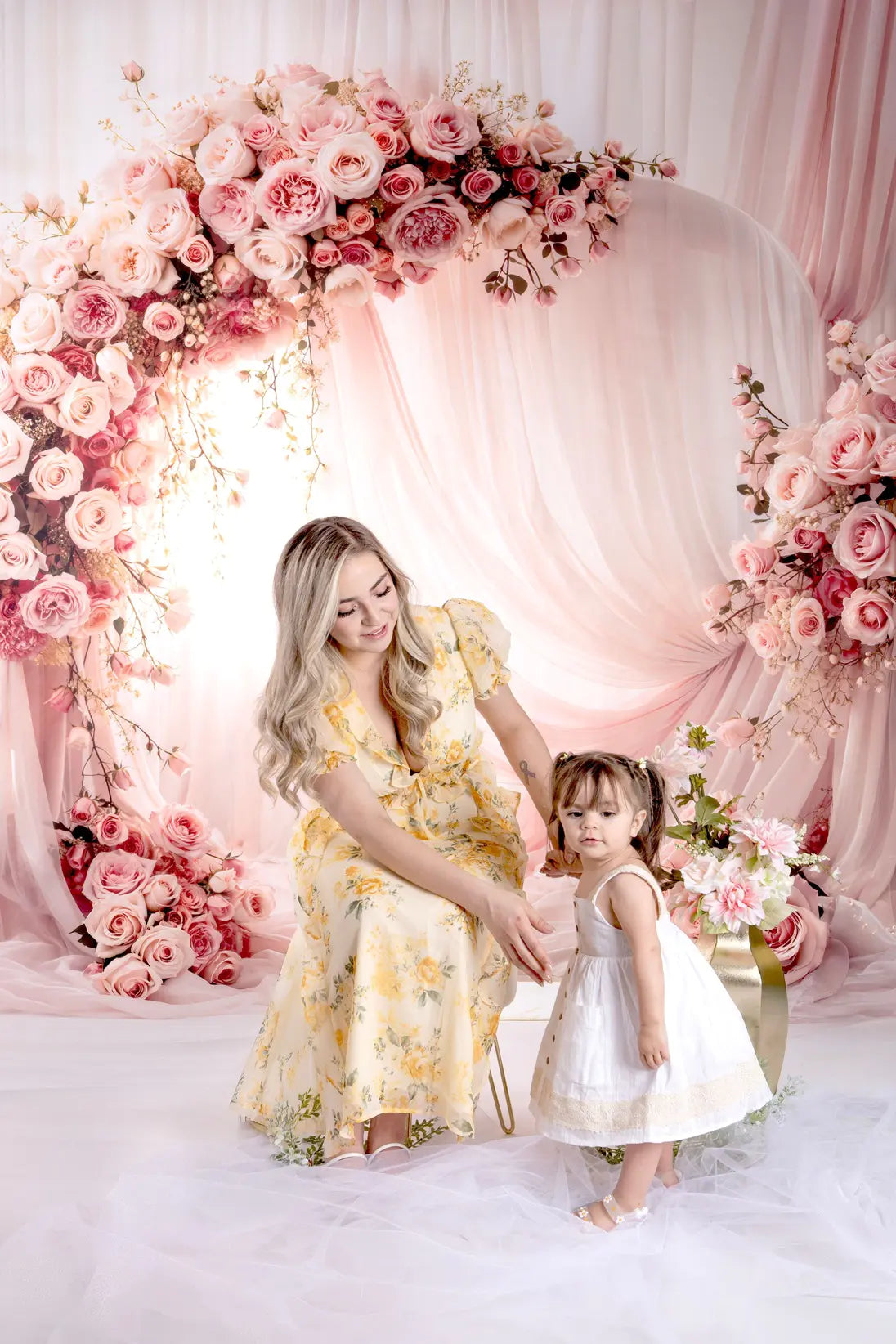 Kate Mother's Day Flower Arch Pink Roses Draped Curtains Printed Backdrop Designed by Emetselch
