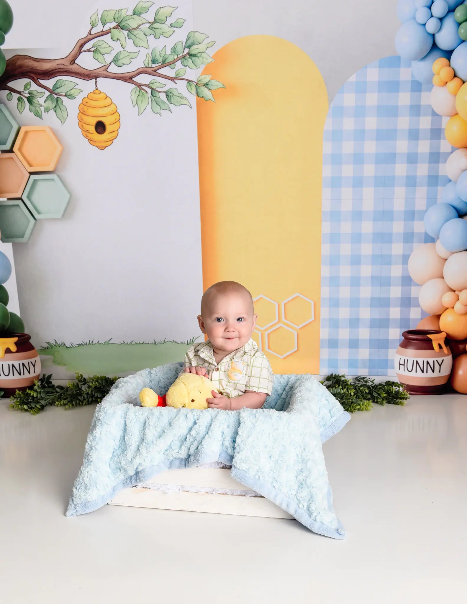 Kate Cake Smash Honey Bee Tree Honeycomb Balloons Printed Backdrop Designed by Patty Roberts