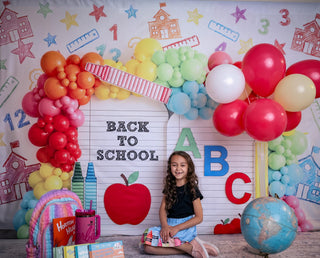 Kate Back to School Rainbow Balloons Crayons Apple Notebook Printed Backdrop Designed by Emetselch