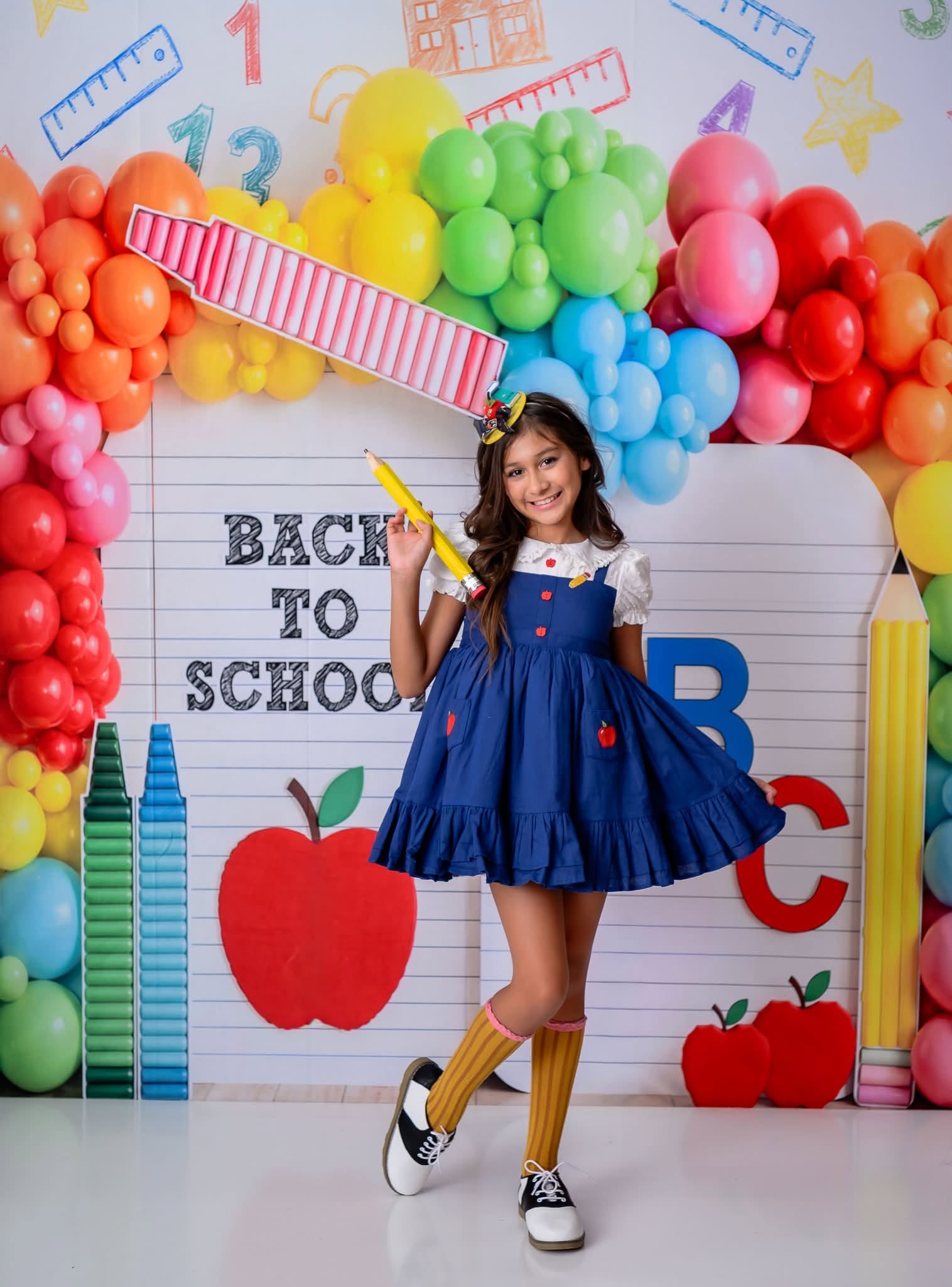 Kate Back to School Rainbow Balloons Crayons Apple Notebook Printed Backdrop Designed by Emetselch