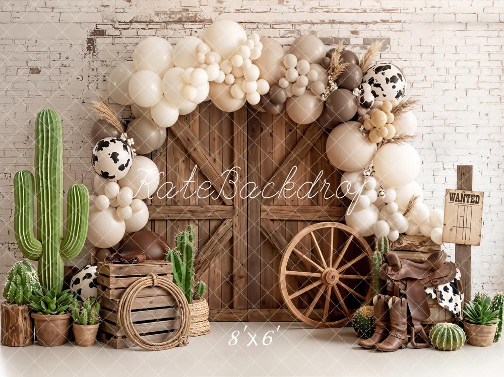 Kate Western Barn Door Cow Print Balloon Arch Cactus Printed Backdrop Designed by Emetselch