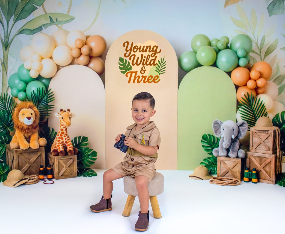 Kate Cake Smash Jungle Safari Animals Leaves Balloons Crates Printed Backdrop Designed by Patty Roberts