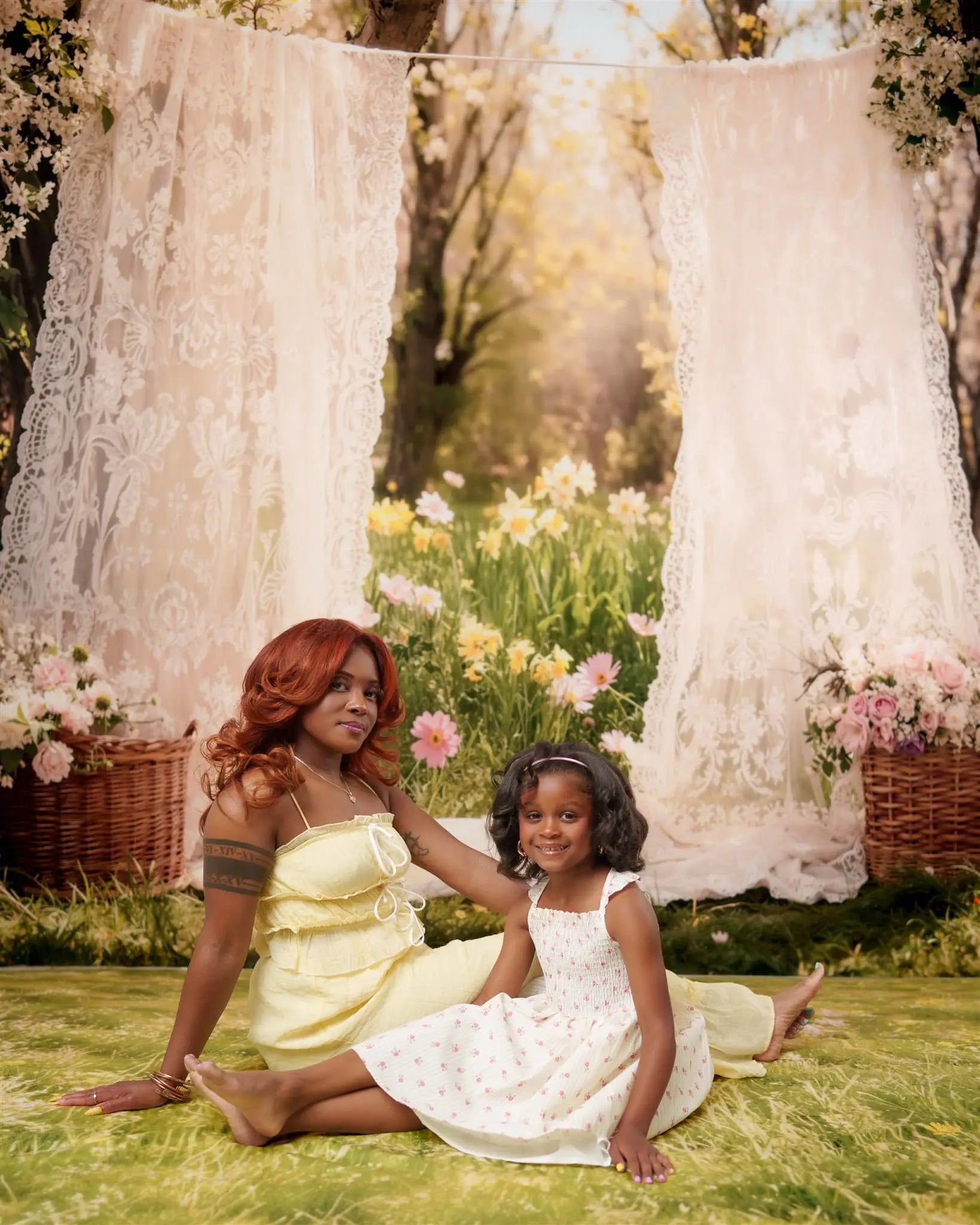 Kate Mother's Day Lace Curtains Flower Baskets Garden Printed Backdrop Designed by Emetselch