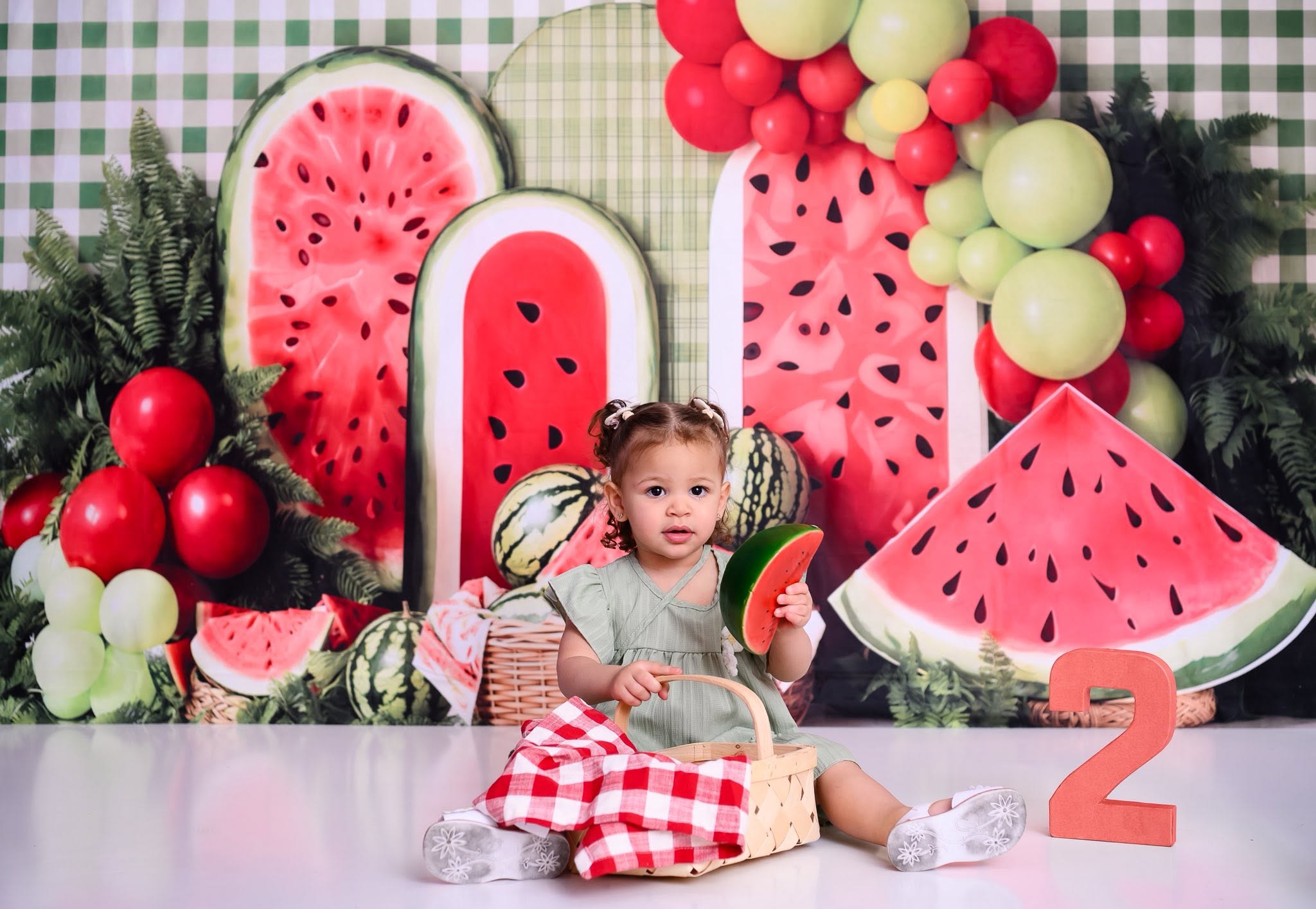Kate Summer Watermelon Picnic Balloons Green Plaid Printed Backdrop Designed by Emetselch