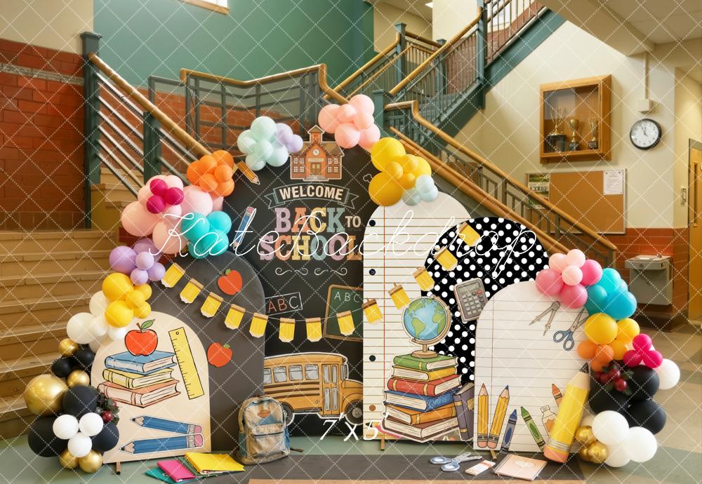 Kate Back to School Classroom Chalkboard School Bus Balloons Notepad Printed Backdrop Designed by Emetselch