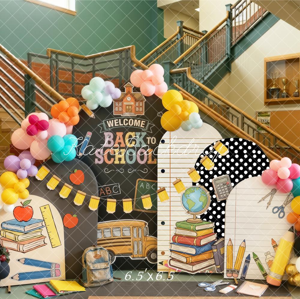 Kate Back to School Classroom Chalkboard School Bus Balloons Notepad Printed Backdrop Designed by Emetselch