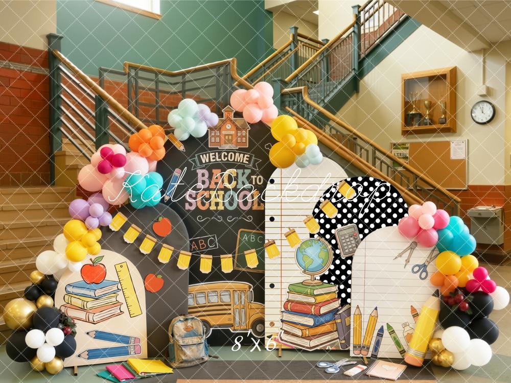 Kate Back to School Classroom Chalkboard School Bus Balloons Notepad Printed Backdrop Designed by Emetselch
