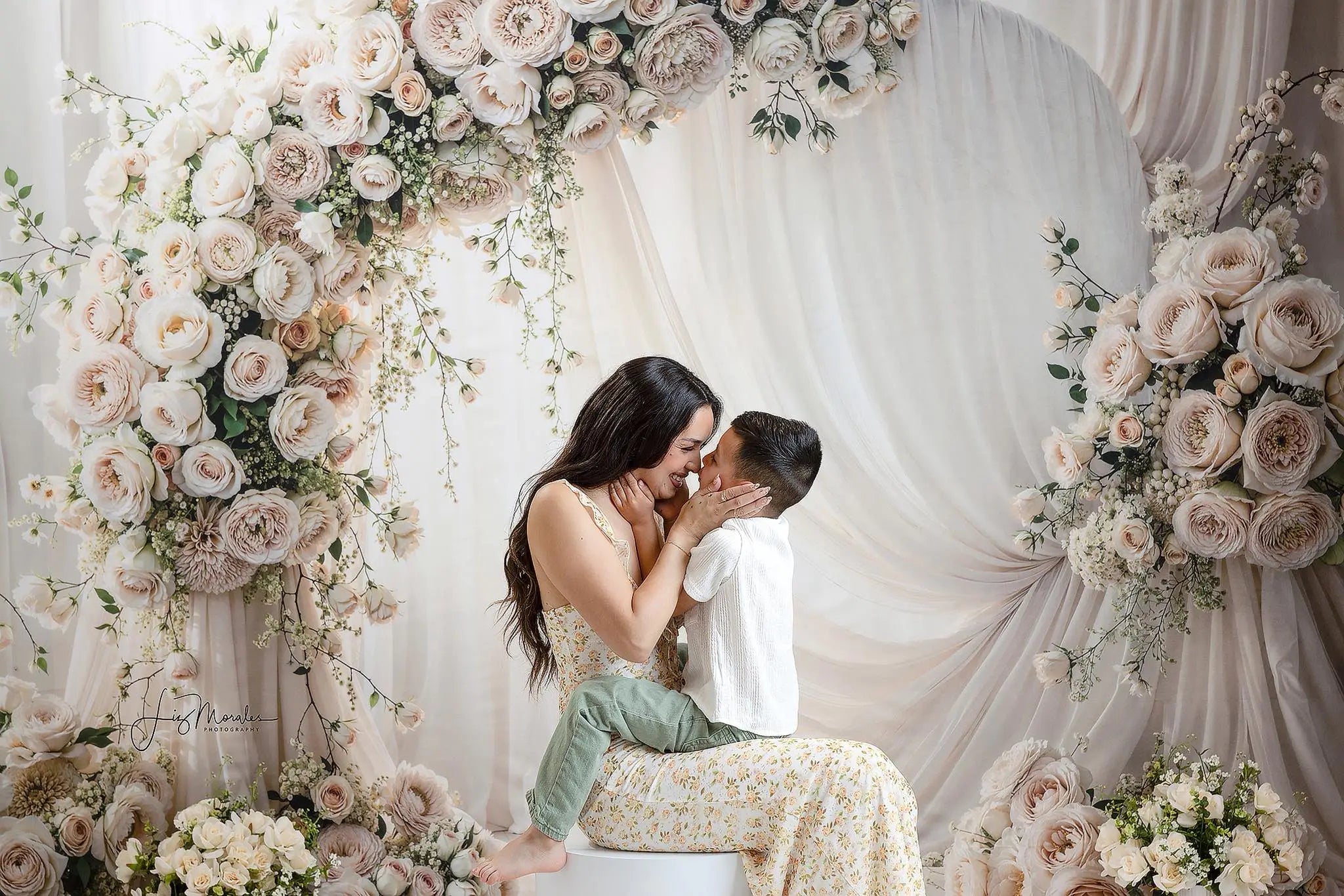 Kate Summer Flower Arch Cream Roses Draped Fabric Printed Backdrop Designed by Emetselch
