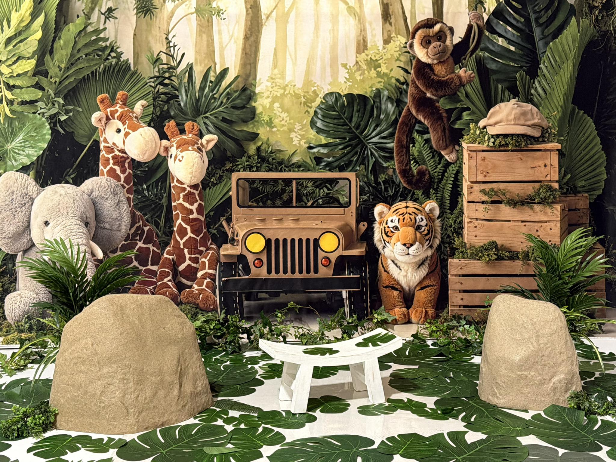 Kate Jungle Safari Jeep Giraffe Elephant Tiger Monkey Printed Backdrop Designed by Emetselch