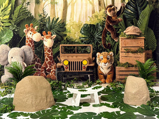 Kate Jungle Safari Jeep Giraffe Elephant Tiger Monkey Printed Backdrop Designed by Emetselch