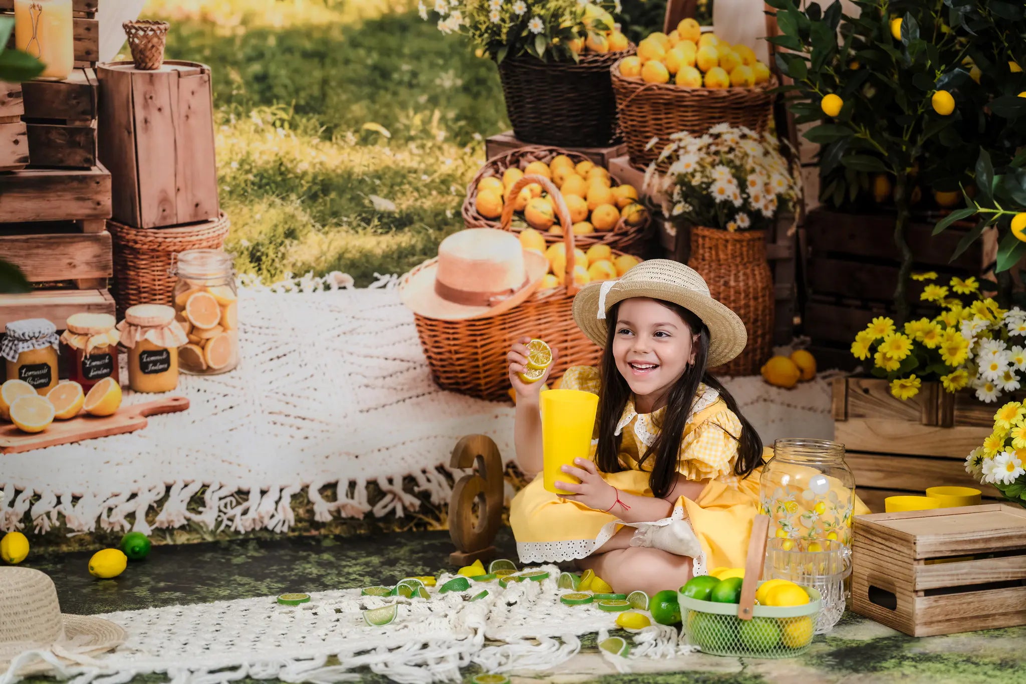 Kate Summer Lemon Flower Arch Picnic Printed Backdrop Designed by Emetselch